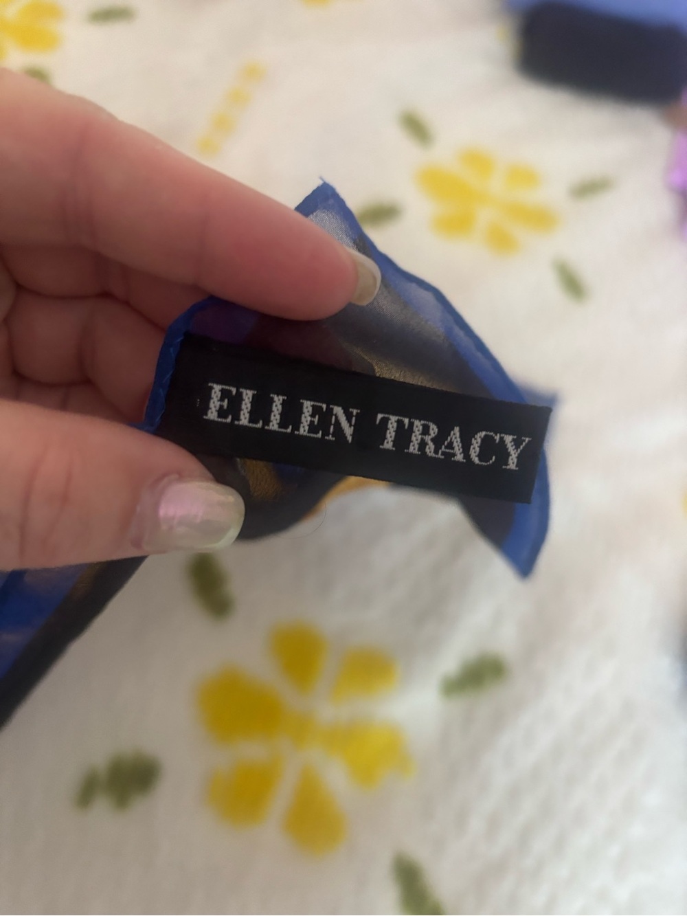 Ellen Tracy Blue and Gold Patterned Silk Scarf - Picture 2 of 3